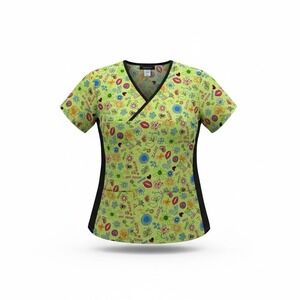 Melrose Women's Mock Wrap Scrub Top Size Small Peace Love BFF Peace Signs Flower